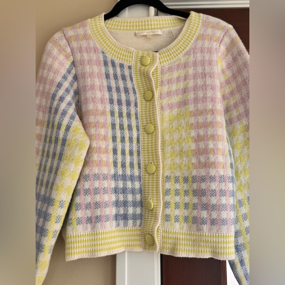 LoveShackFancy $475 Keoni Button Down Cardigan Sweater, Mint Jelly Small plaid - Picture 6 of 9